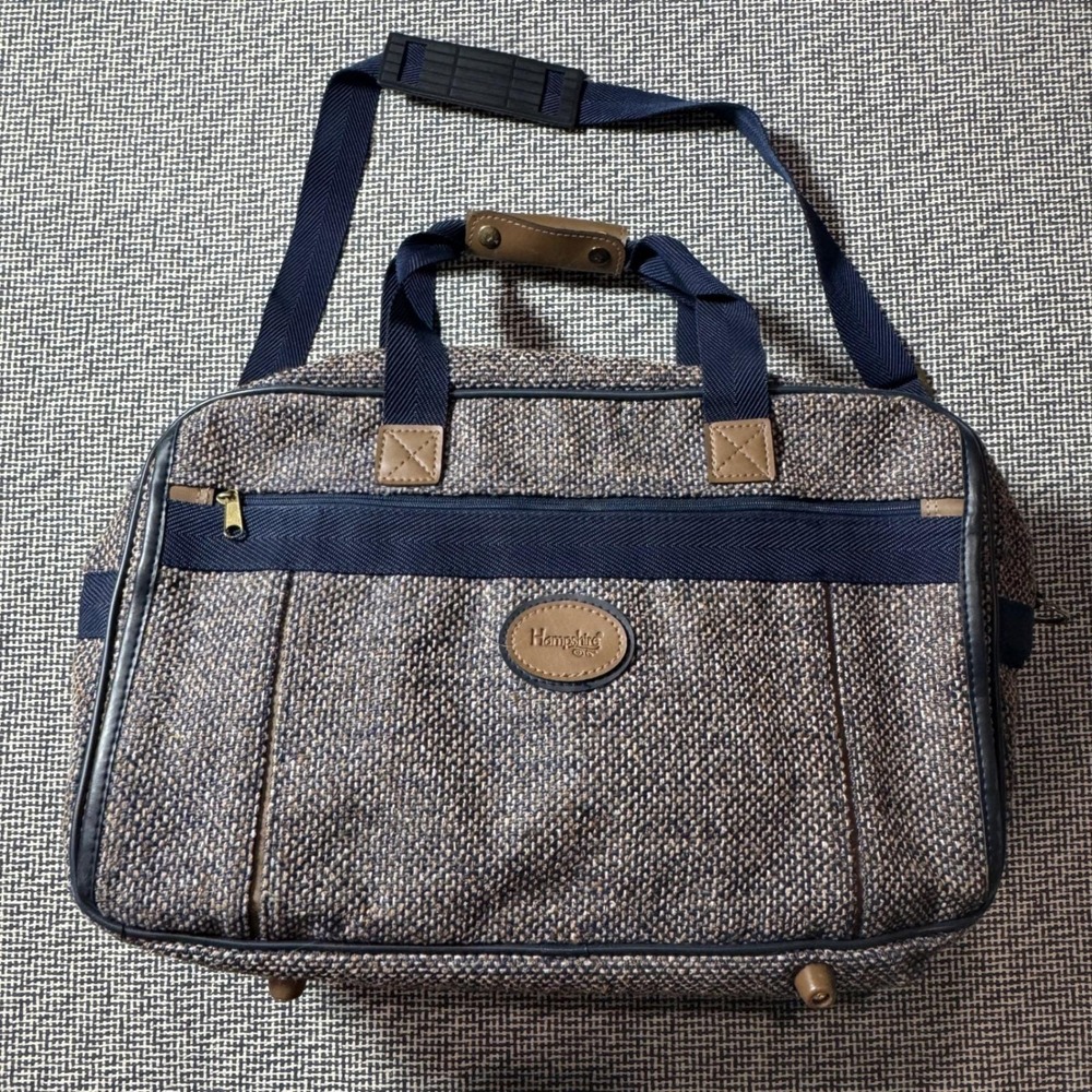 Hampshire Vintage Blue Brown Tweed Carry On Travel Bag Weekender Briefcase Retro